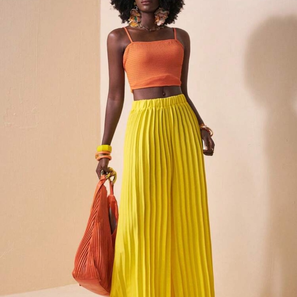 Yellow Pleated Wide Leg Pants